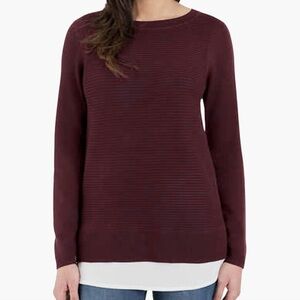 Hilary Radly Crew Neck long Sleeve Sweater With White Layered Hem Maroon Sz M